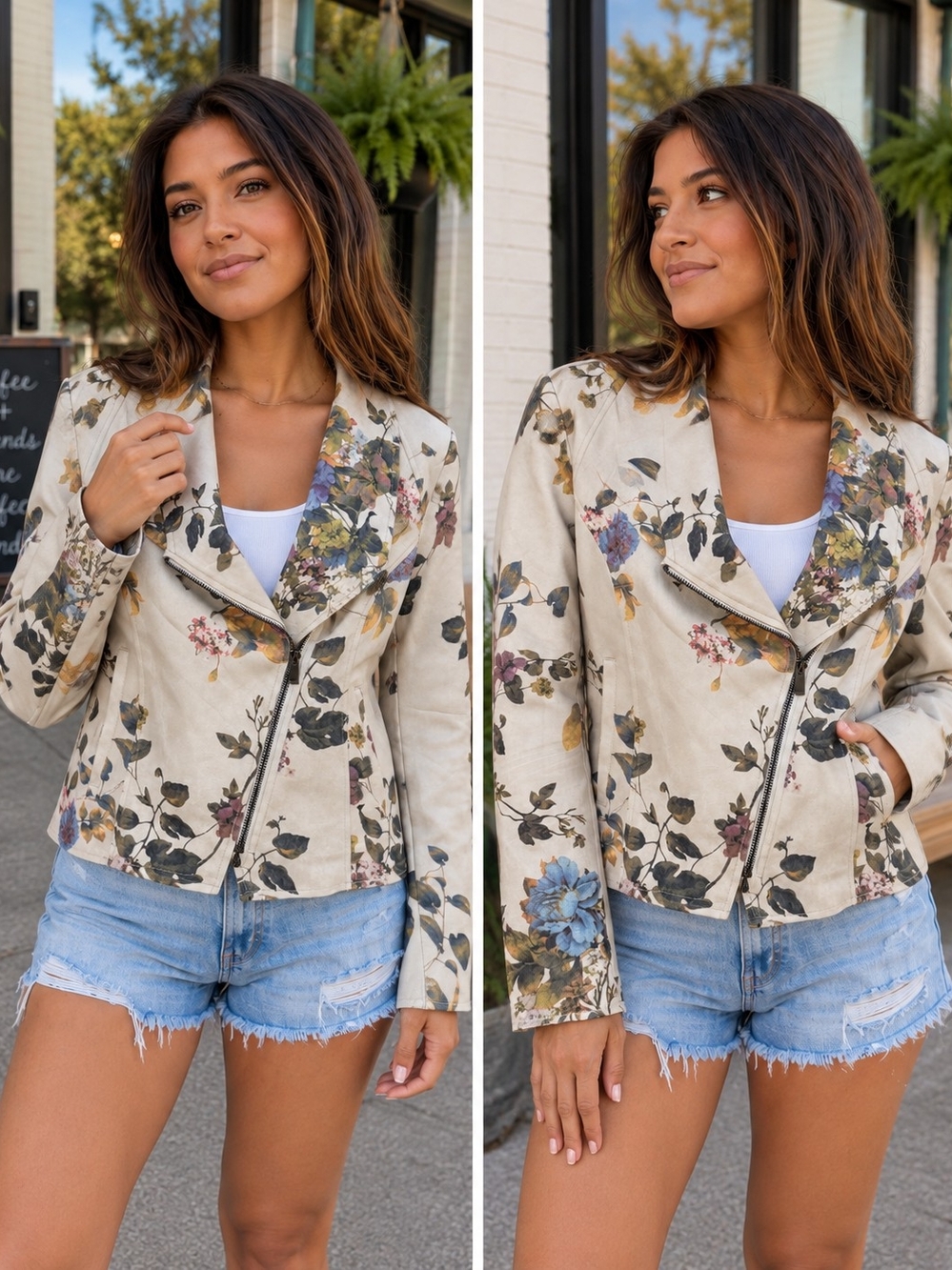 Floral Asymmetrical Zip Women's Jacket - Cream